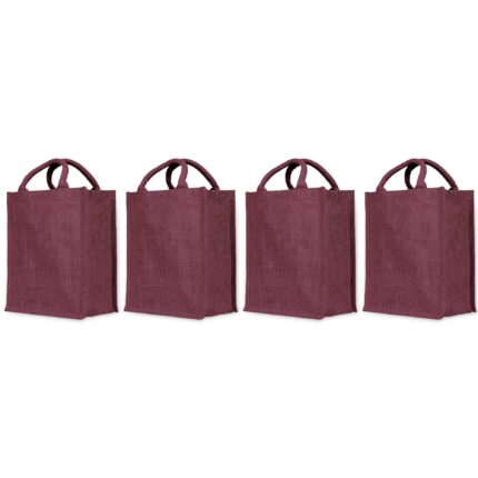 Ecojute Set of 4 Jute Tote Bags – Deep Red, Pink, Green, Orange – 12"x10"x6"