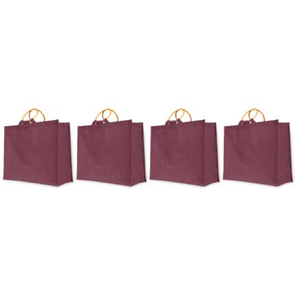 Set of 4 Jute Bags in Deep Red, Pink, Green & Orange– 15"x18"x8" -Cane Handles