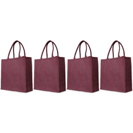 Ecojute 4 Reusable Jute Tote Bags – Deep Red, Pink, Green & Orange 16"x16"x6"