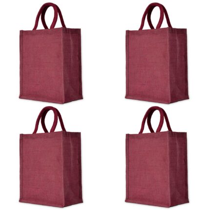 4 Juco Tote Bags – Deep Red, Pink, Green, Orange – 12x10x6