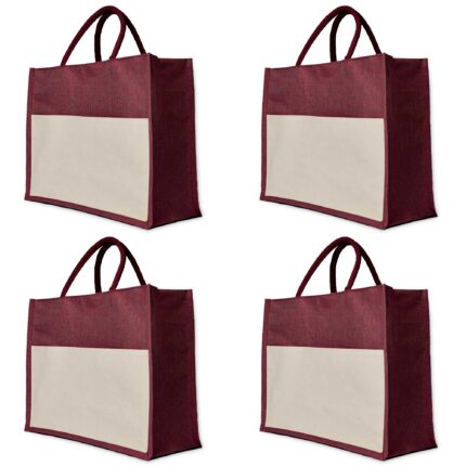 4 Juco Tote Bags in Deep Red, Pink, Green & Orange – 13x16x7