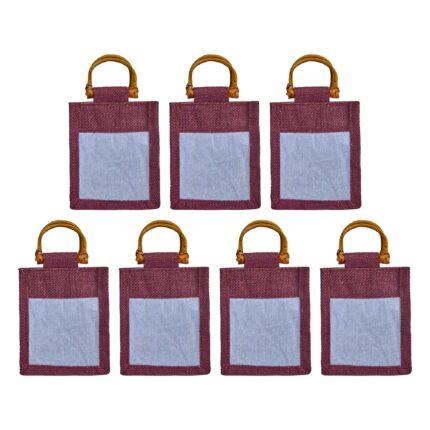 7 Jute Gift Bags with Organza & Cane Handles– Deep Red, Pink, Green, Orange -5.11″ x 4.34″ x 3.93″