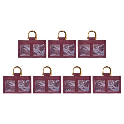 Ecojute Set of 7 Jute Gift Bags with Cane Handles & PVC Windows – Deep Red, Pink, Green, Orange- 4.92″ x 7.88″ x 4.33″