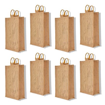 8-Pack Reusable Jute Wine Tote, 7.88"x13.38"x3.93", Eco-Friendly Burlap Bottle Bags with Cane Handles (Holds 2 Bottles)